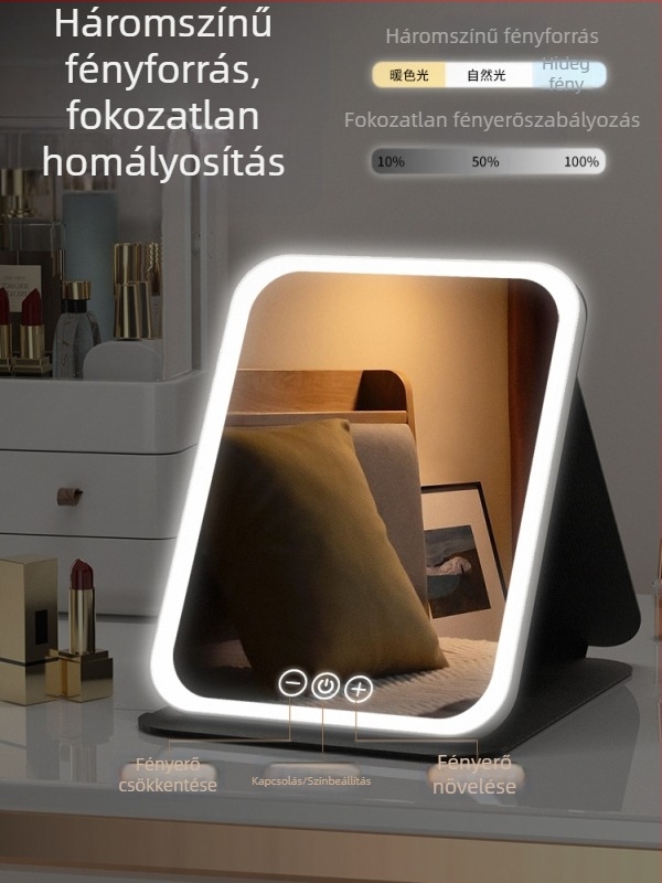 HD sminktükör asztali led lámpával asztali öltözőtükör lámpával kis tükör kényelmes diákszálló összecsukható új termék