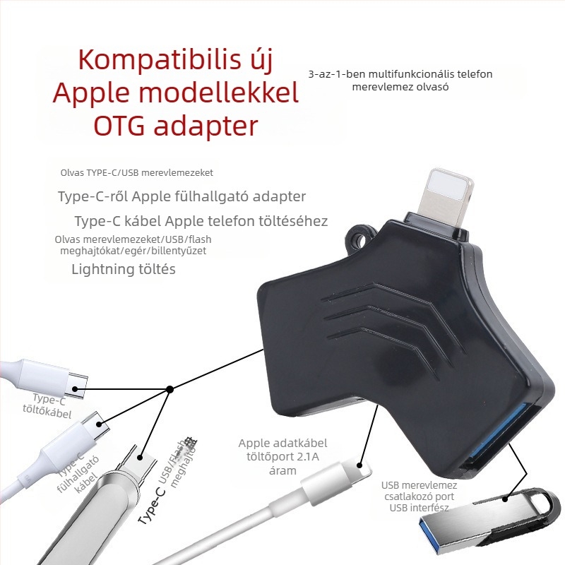 Alkalmas Apple mobiltelefon-adapterhez C típusú USB-ről kettő az egyben PD15W töltő-adatátviteli adapterhez
