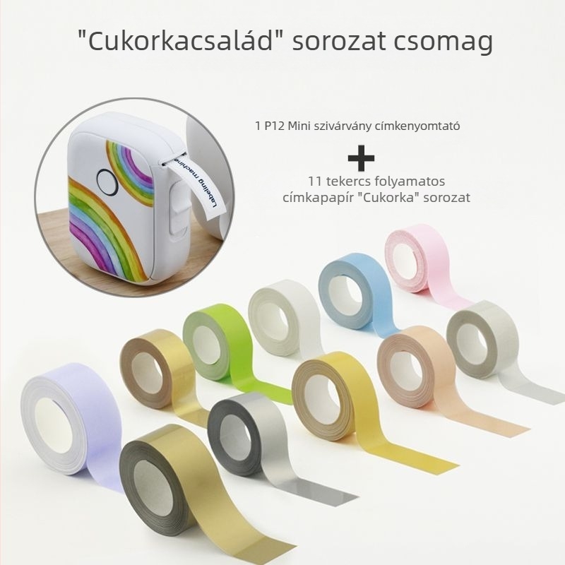 Otthoni címkenyomtató P12 folyamatos papírú hőcímke-gép öntapadós hordozható kézi mini nyomtató