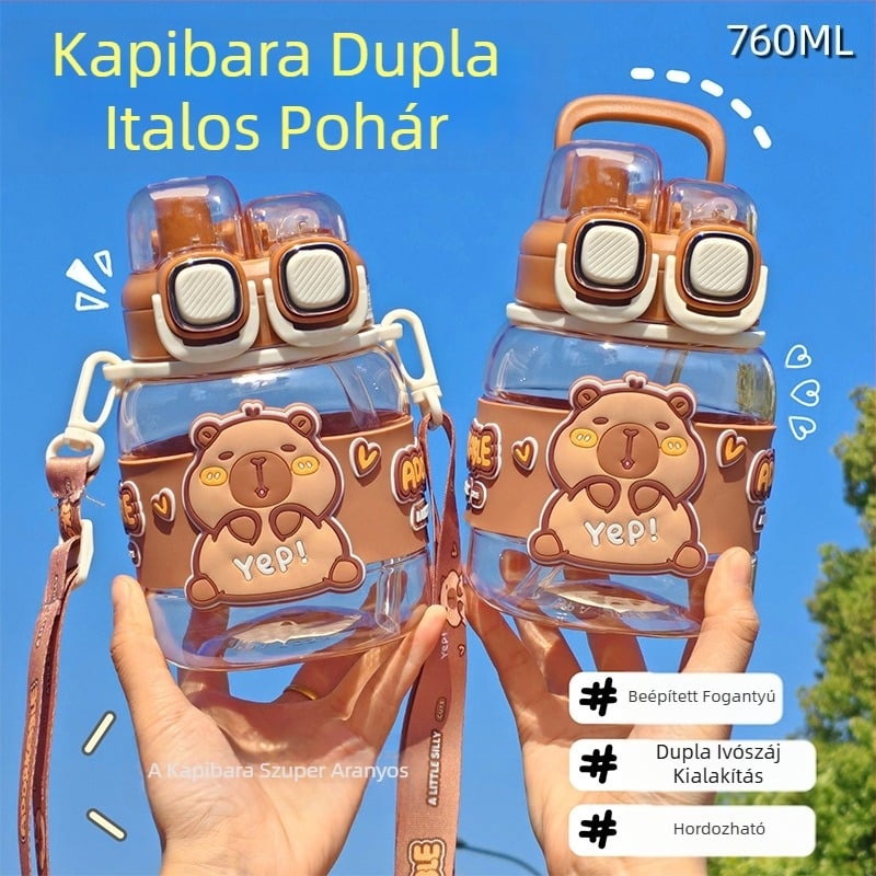 Kapibala keresztpántos ivópohár, dupla ivópohár iskolába, nyári fiúknak és lányoknak, hordozható, nagy kapacitású szívószálas pohár