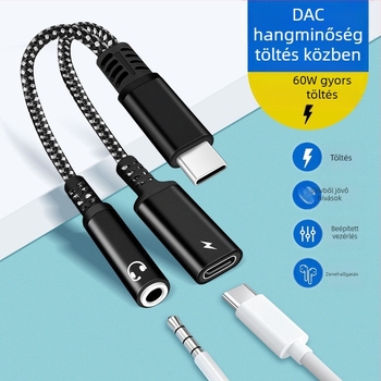 C típusú digitális adapter 3,5 mm-es fülhallgató-átalakító mobiltelefon-töltéshez, PD60W gyorstöltő audiokábel