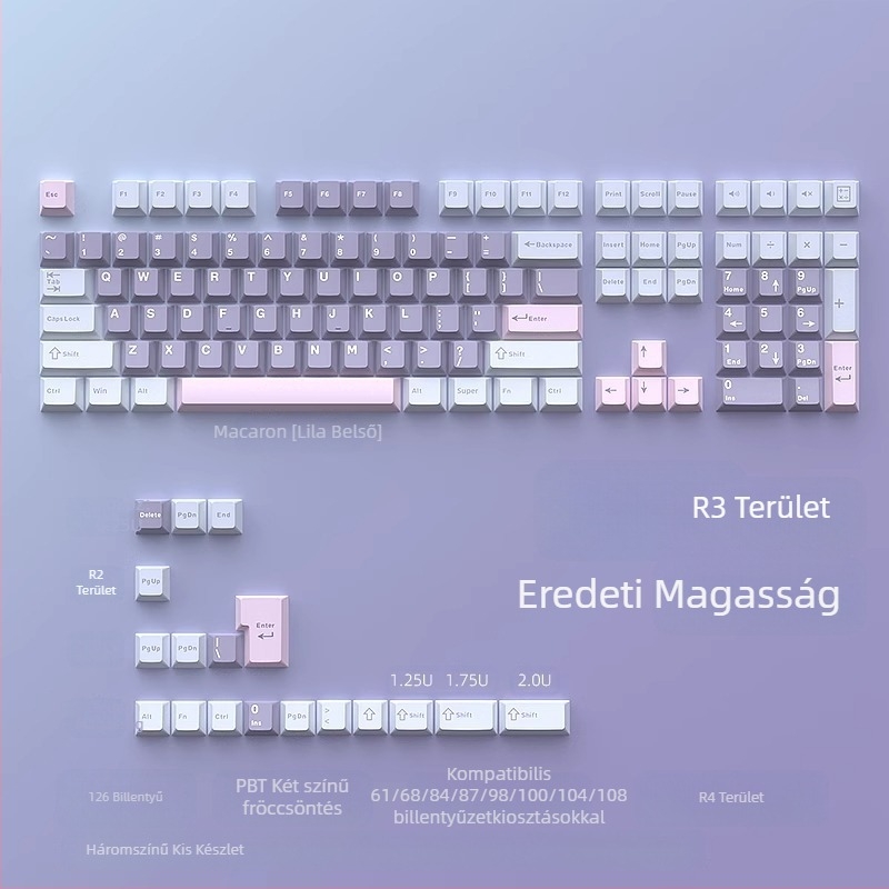 Cloud Lake pikk Q Macaron háromszínű kulcstartó, kicsi, teljes, 126 billentyűs készlet, PBT anyagból, kétszínű fröccsöntött, kopásálló és tartós