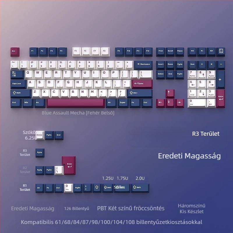 Cloud Lake pikk Q Macaron háromszínű kulcstartó, kicsi, teljes, 126 billentyűs készlet, PBT anyagból, kétszínű fröccsöntött, kopásálló és tartós