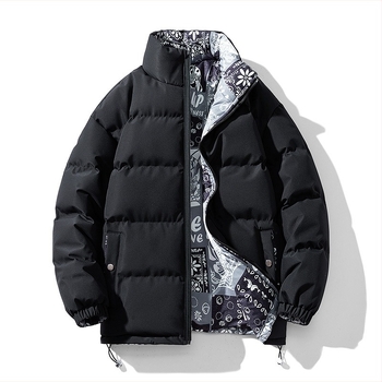 Férfi pamuttal bélelt télikabát, vastagított pamuttal bélelt dzseki, kétoldalas viselet, egyszínű, állógalléros, pamuttal bélelt dzseki, meleg kenyérruha, kesudió virágmintával