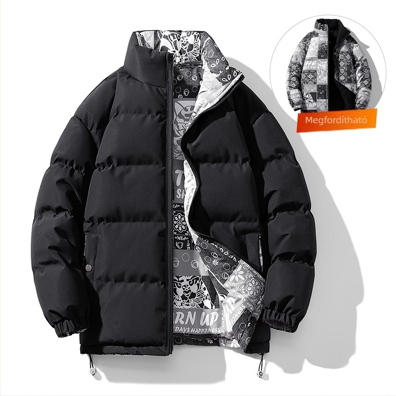 Férfi pamuttal bélelt télikabát, vastagított pamuttal bélelt dzseki, kétoldalas viselet, egyszínű, állógalléros, pamuttal bélelt dzseki, meleg kenyérruha, kesudió virágmintával