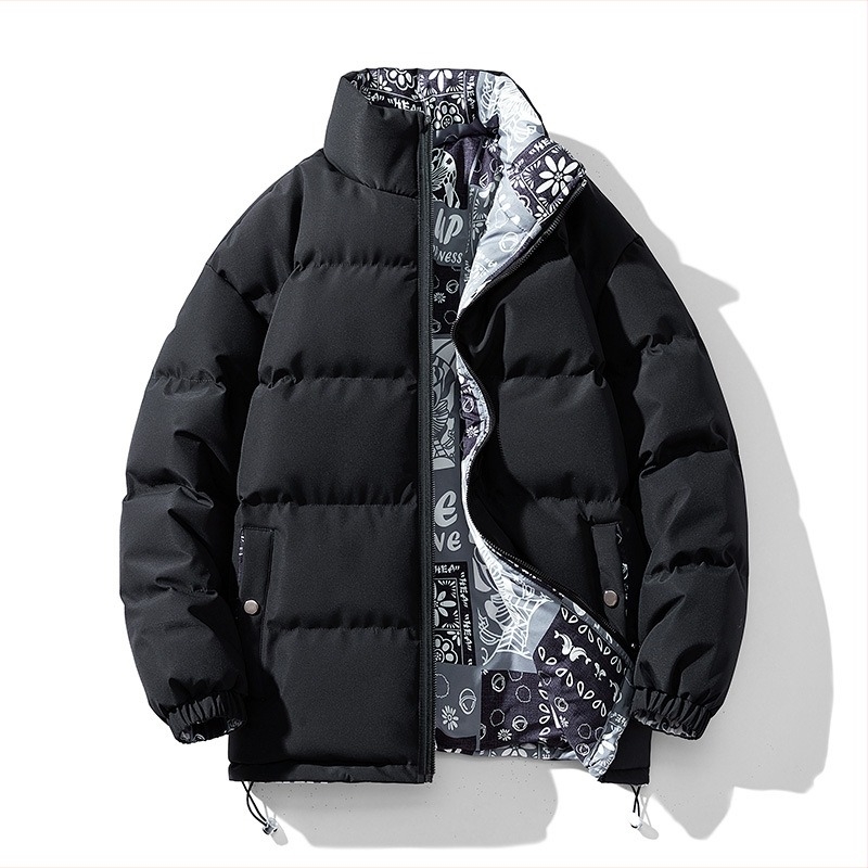 Férfi pamuttal bélelt télikabát, vastagított pamuttal bélelt dzseki, kétoldalas viselet, egyszínű, állógalléros, pamuttal bélelt dzseki, meleg kenyérruha, kesudió virágmintával