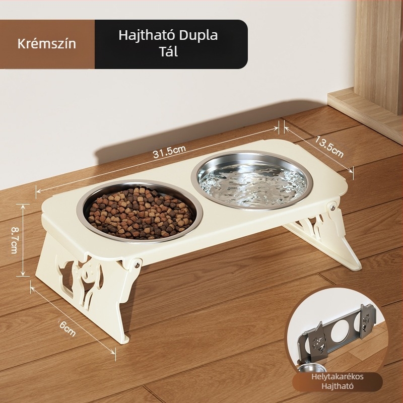 Rozsdamentes acél kisállattál, dupla tál, összecsukható, kis kutyaeledel-tál, speciális tál megemelt nyakvédelemmel a felborulás megakadályozása érdekében, macska itatója