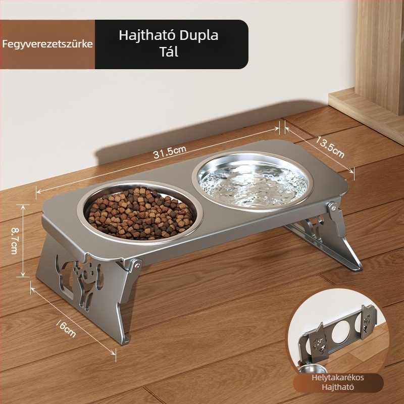Rozsdamentes acél kisállattál, dupla tál, összecsukható, kis kutyaeledel-tál, speciális tál megemelt nyakvédelemmel a felborulás megakadályozása érdekében, macska itatója