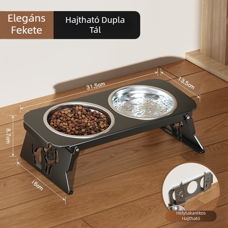 Rozsdamentes acél kisállattál, dupla tál, összecsukható, kis kutyaeledel-tál, speciális tál megemelt nyakvédelemmel a felborulás megakadályozása érdekében, macska itatója