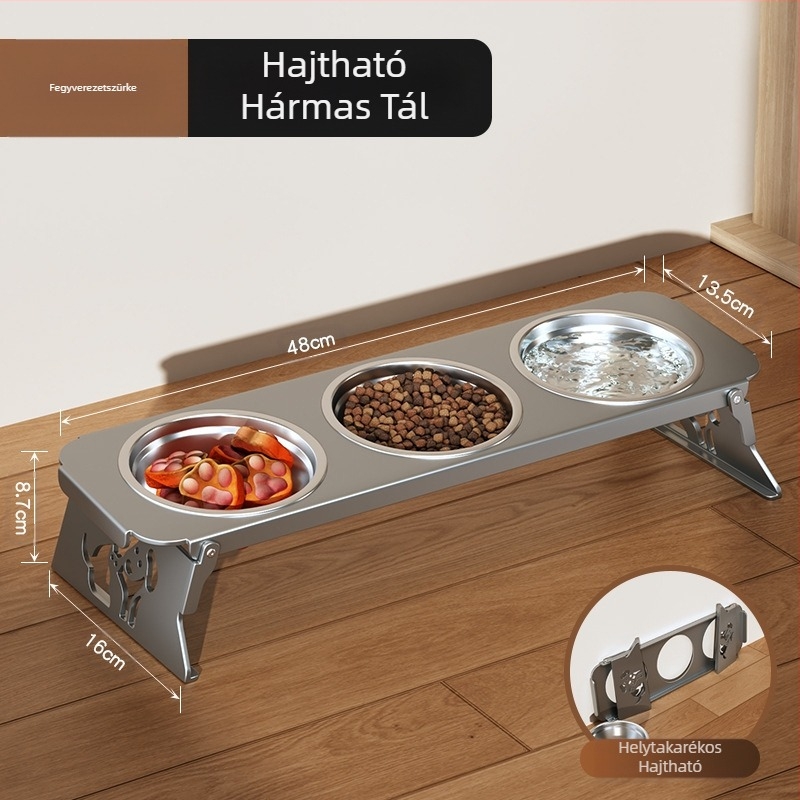 Rozsdamentes acél kisállattál, dupla tál, összecsukható, kis kutyaeledel-tál, speciális tál megemelt nyakvédelemmel a felborulás megakadályozása érdekében, macska itatója