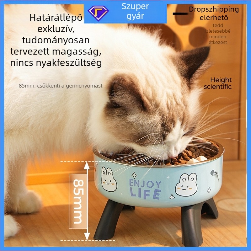 Megemelt macska- és kutya etetőtál nyakvédővel, rozsdamentes acél, csúszásmentes