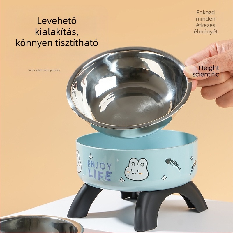 Megemelt macska- és kutya etetőtál nyakvédővel, rozsdamentes acél, csúszásmentes