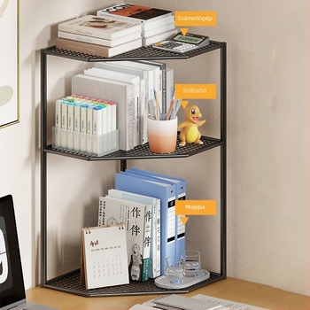 Asztali háromszög alakú könyvespolc saroktároló állvány irodai asztali többrétegű kis sarok legyező alakú könyvespolc