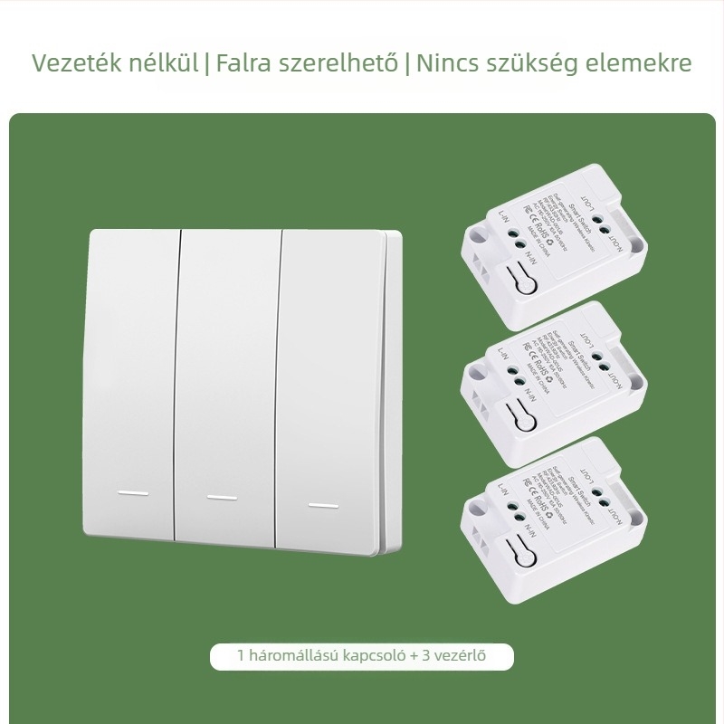Öngeneráló vezeték nélküli kapcsoló háztartási egyvezérlősről kettős vezérlősre, többvezérlősre, vezeték nélküli, véletlenszerű, pasztamentes, elemmentes, egyszerű megnyomás