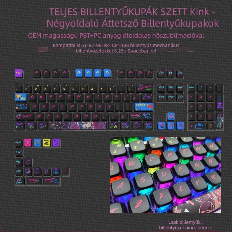 Puding négyoldalas áttetsző színes szublimációs billentyűsapkák testreszabott mechanikus billentyűzet áttetsző nyomtatási készlet Kuromi billentyűsapkák