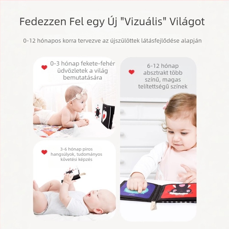 Baba tenyér szövetkönyv újszülött fekete-fehér kártya hangpapír tapintható könyv kognitív állat korai nevelési könyv mosható és rágható