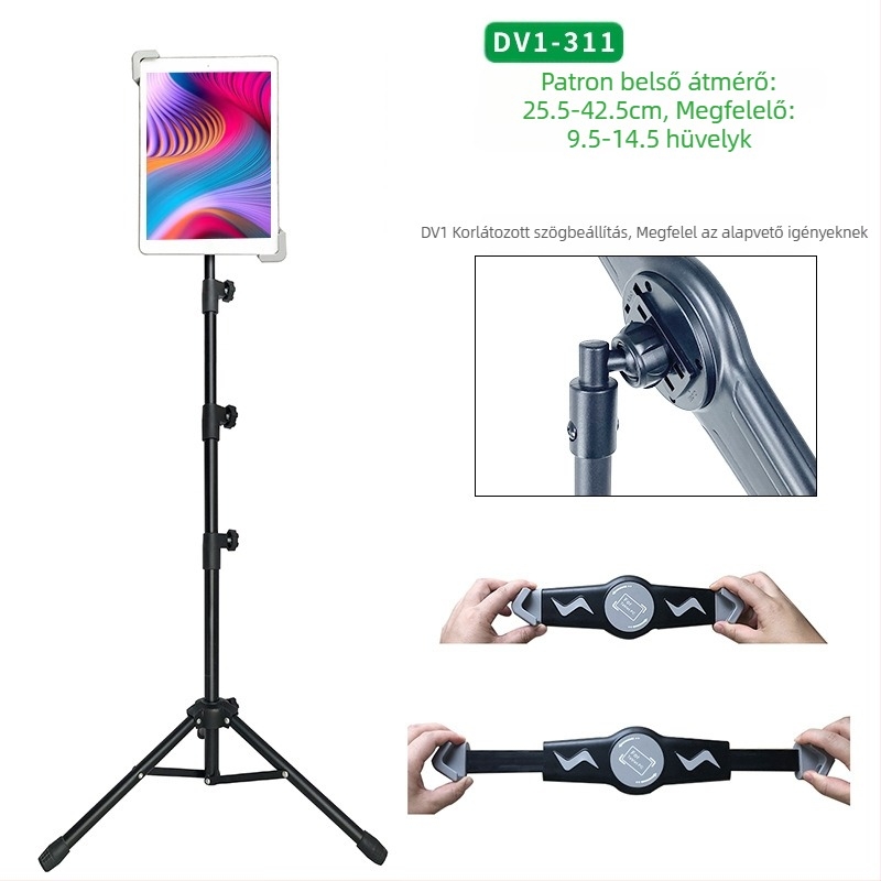 Nagykereskedelmi táblagép-állvány, padlóra szerelhető, 12 hüvelykes, fekete háromlábú állvány, kihúzható, 1,6 m-es, lusta mobiltelefon-állvány, szállítás