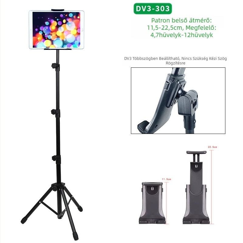 Nagykereskedelmi táblagép-állvány, padlóra szerelhető, 12 hüvelykes, fekete háromlábú állvány, kihúzható, 1,6 m-es, lusta mobiltelefon-állvány, szállítás