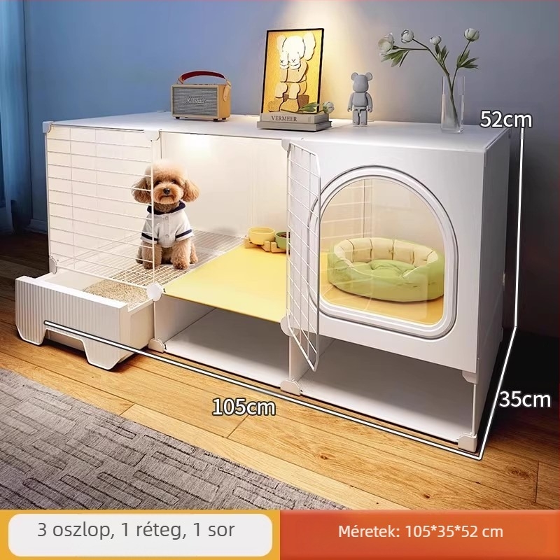 Kutyaketrec külön WC-vel, egy szobával, egy nappalival és egy fürdőszobával, kis kutyakennel, háztartási beltéri teddy pomerániai kisállatketrec