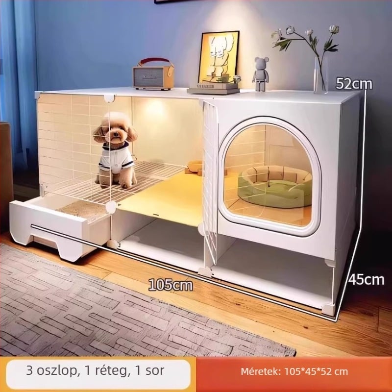 Kutyaketrec külön WC-vel, egy szobával, egy nappalival és egy fürdőszobával, kis kutyakennel, háztartási beltéri teddy pomerániai kisállatketrec