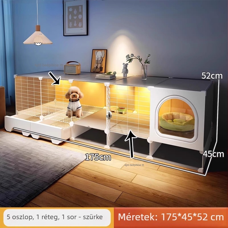 Kutyaketrec külön WC-vel, egy szobával, egy nappalival és egy fürdőszobával, kis kutyakennel, háztartási beltéri teddy pomerániai kisállatketrec