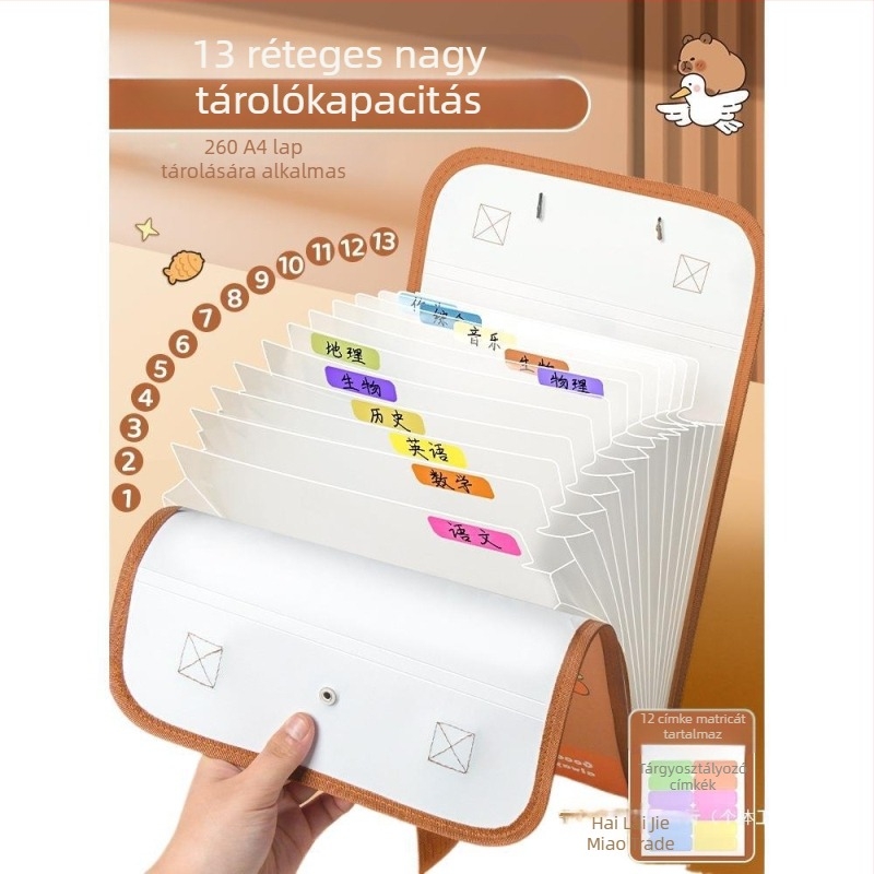 A4-es kézitáska irattartó táska 13 rácsos szervtáska tesztpapír táska többrétegű nagy kapacitású kézi papírtároló általános iskolás diákoknak