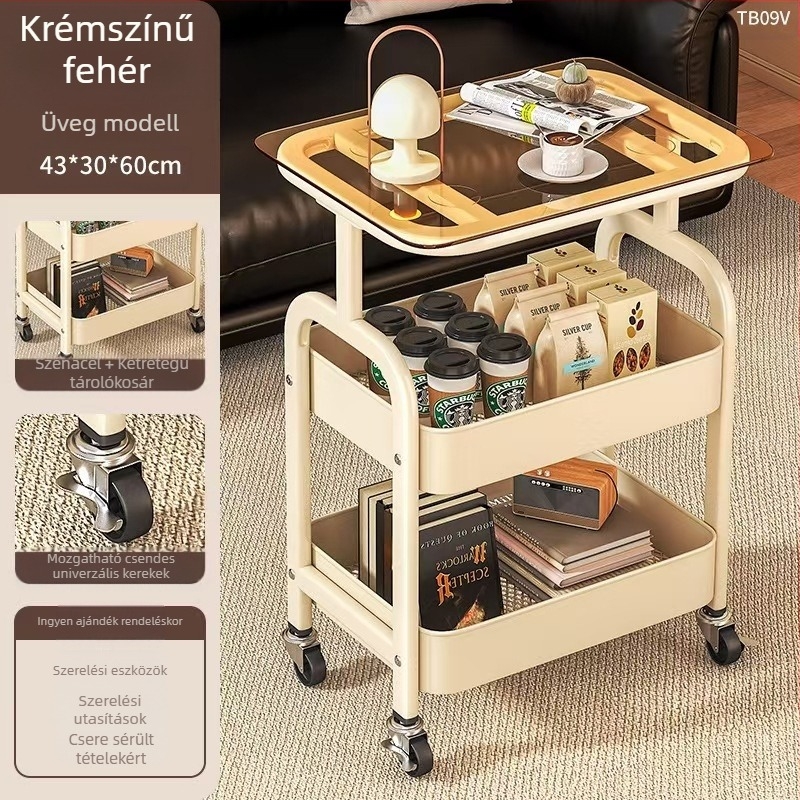 Határokon átnyúló, mozgatható háztartási, többrétegű nappali, szénacélból készült snacktároló állvány, tárolókocsi asztallappal, kis kocsitároló állvánnyal