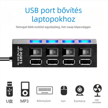 4 portos USB 3.0 hub, nagy sebességű hub, USB elosztó dokkoló, független kapcsoló, egy-hét hub dokkoló