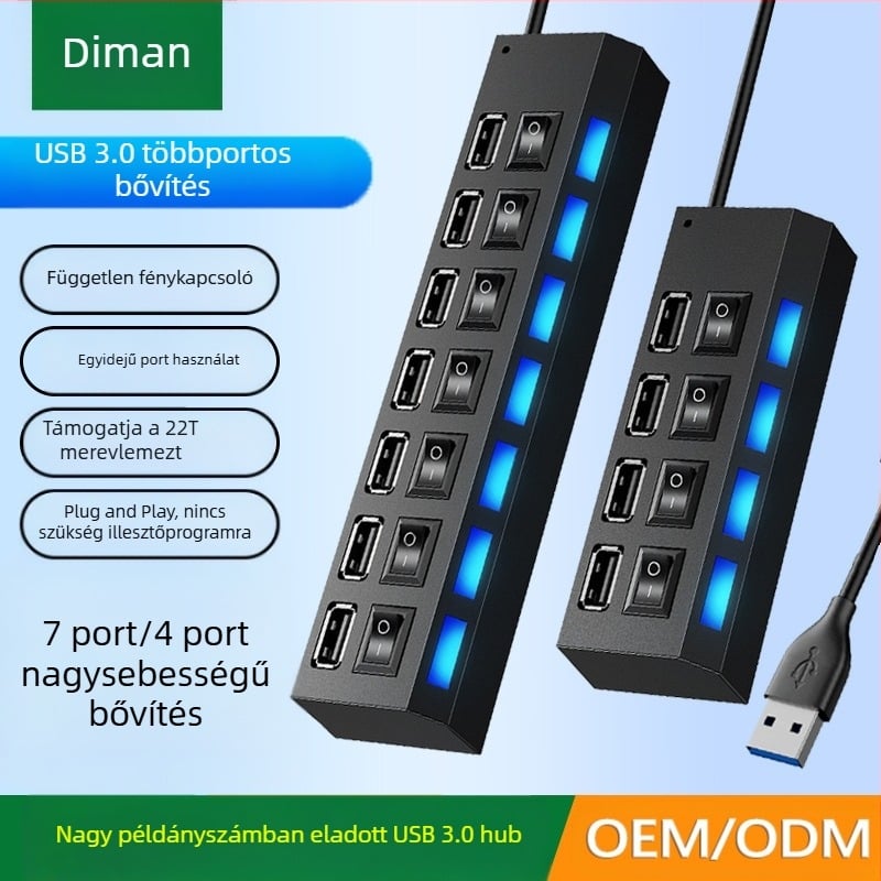 4 portos USB 3.0 hub, nagy sebességű hub, USB elosztó dokkoló, független kapcsoló, egy-hét hub dokkoló