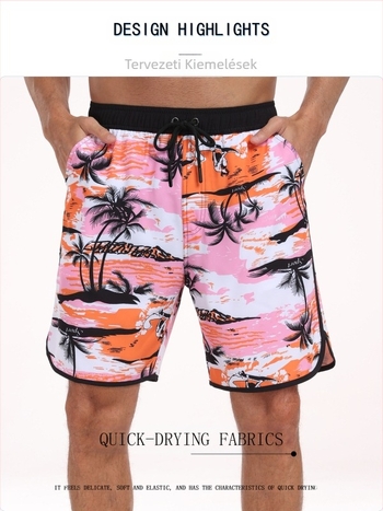 Férfi rövidnadrág, gyorsan száradó, divatos, bő strandnadrág, többzsebes, mintás mintás strandnadrág