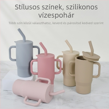 Csecsemőknek és kisgyermekeknek való esésgátló és szivárgásmentes szívószálas pohár fogantyúval, lezárt, élelmiszeripari minőségű szilikonból készült közvetlen ivópohár, gyermekeknek való tanulási ivópohár
