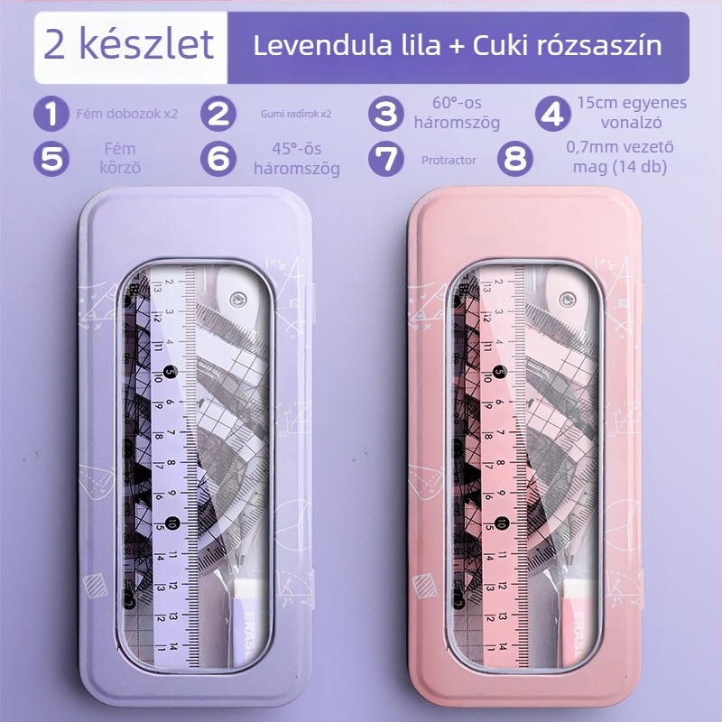 Körző és vonalzó készlet általános iskolásoknak, alsó tagozatosoknak, háromszög vonalzó, hatodikosoknak való írószerek, vonalzó és háromszög készlet