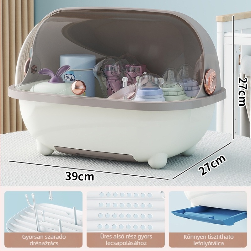 Új cumisüveg tároló doboz, étrend-kiegészítő eszköz, lefolyótartó, baba evőeszközök, pormentes, felhajtható tetejű, nagy kapacitású tárolódoboz