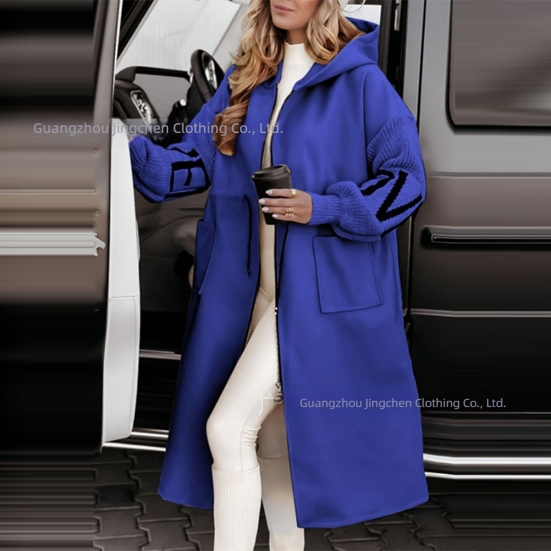 Amazon 2024 őszi és téli új, határokon átnyúló európai és amerikai divatos külkereskedelmi női lezser kapucnis hosszú varrású kabát