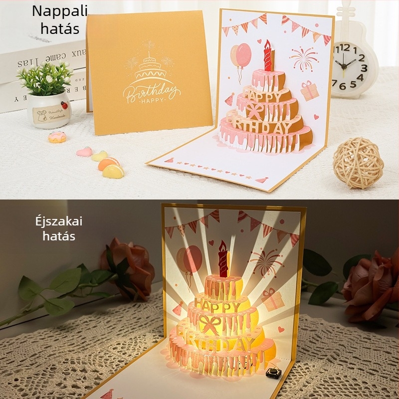 Felvételi fény születésnapi üdvözlőlap 3D sztereó hangos üdvözlőlap torta születésnapi ajándék barátnak és barátnőnek áldókártya