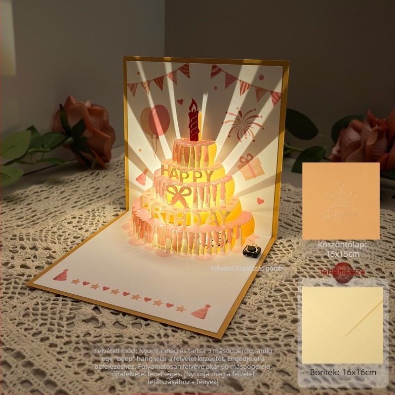 Felvételi fény születésnapi üdvözlőlap 3D sztereó hangos üdvözlőlap torta születésnapi ajándék barátnak és barátnőnek áldókártya