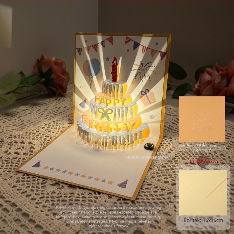Felvételi fény születésnapi üdvözlőlap 3D sztereó hangos üdvözlőlap torta születésnapi ajándék barátnak és barátnőnek áldókártya