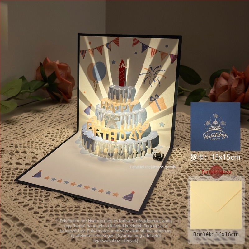 Felvételi fény születésnapi üdvözlőlap 3D sztereó hangos üdvözlőlap torta születésnapi ajándék barátnak és barátnőnek áldókártya