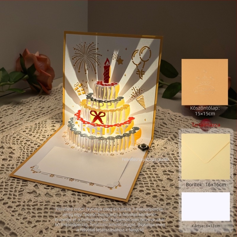 Felvételi fény születésnapi üdvözlőlap 3D sztereó hangos üdvözlőlap torta születésnapi ajándék barátnak és barátnőnek áldókártya