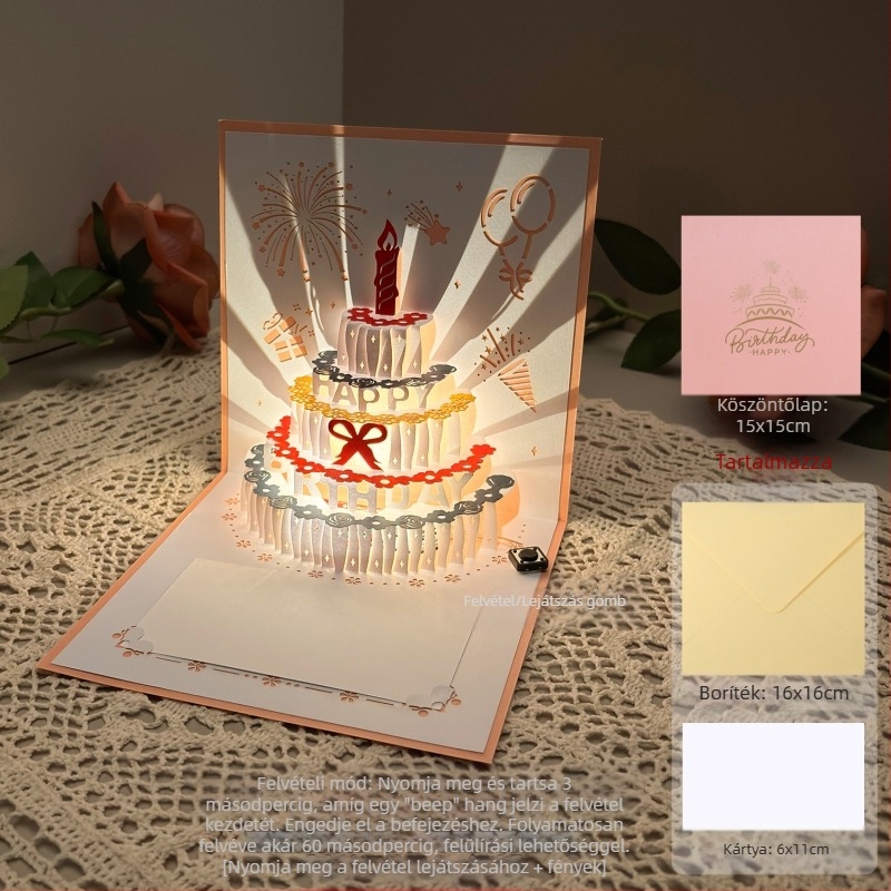 Felvételi fény születésnapi üdvözlőlap 3D sztereó hangos üdvözlőlap torta születésnapi ajándék barátnak és barátnőnek áldókártya