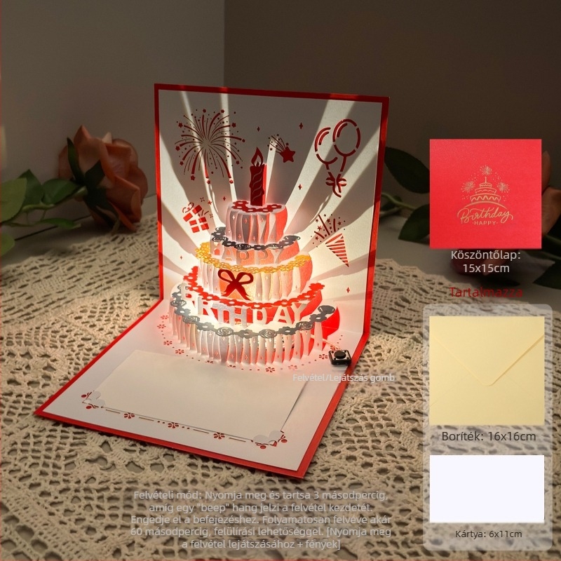 Felvételi fény születésnapi üdvözlőlap 3D sztereó hangos üdvözlőlap torta születésnapi ajándék barátnak és barátnőnek áldókártya
