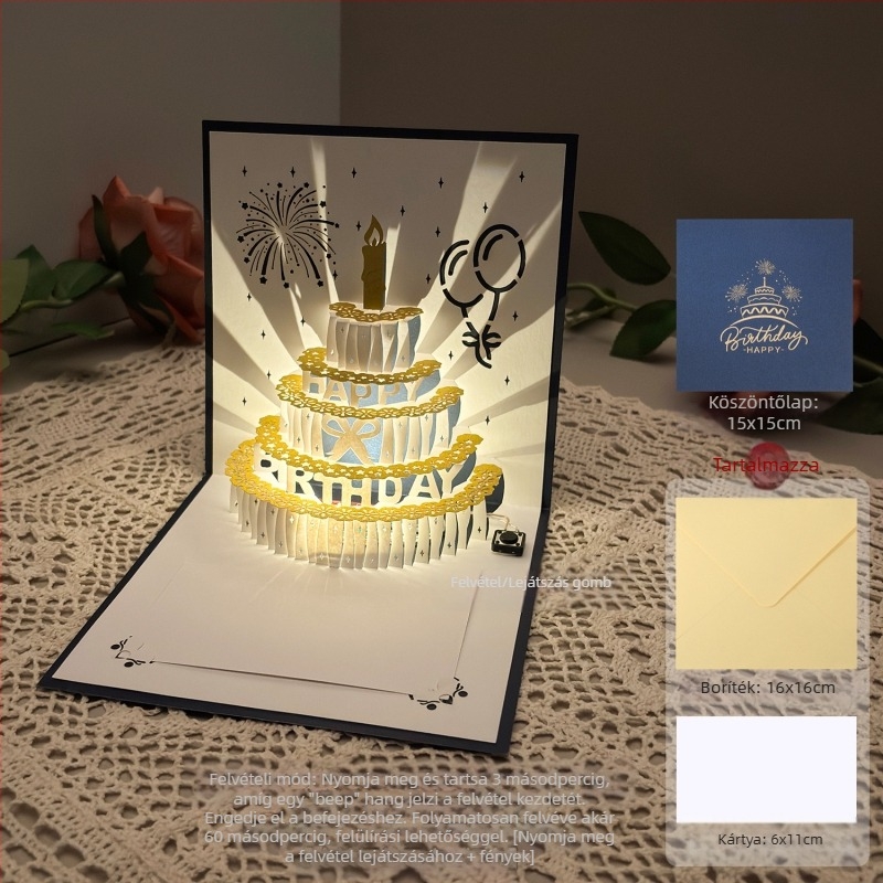 Felvételi fény születésnapi üdvözlőlap 3D sztereó hangos üdvözlőlap torta születésnapi ajándék barátnak és barátnőnek áldókártya