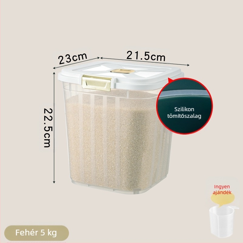 Nagy kapacitású rizsvödör otthoni konyhába, rovar- és nedvességálló, lezárt, akadálymentesített luxus rizstároló doboz, rizsliszt és gabonatároló doboz