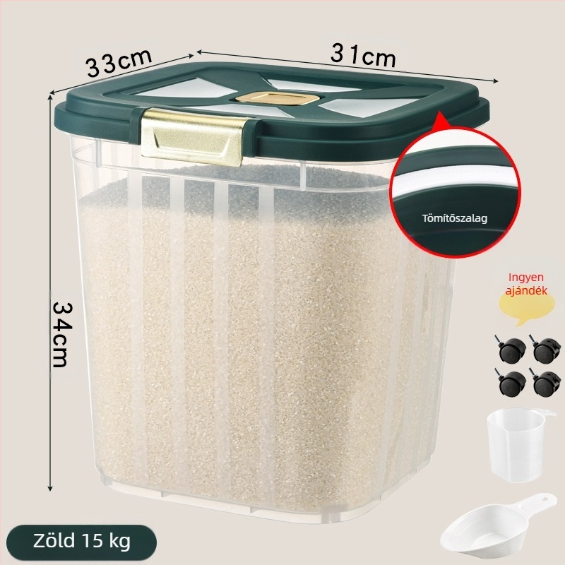Nagy kapacitású rizsvödör otthoni konyhába, rovar- és nedvességálló, lezárt, akadálymentesített luxus rizstároló doboz, rizsliszt és gabonatároló doboz