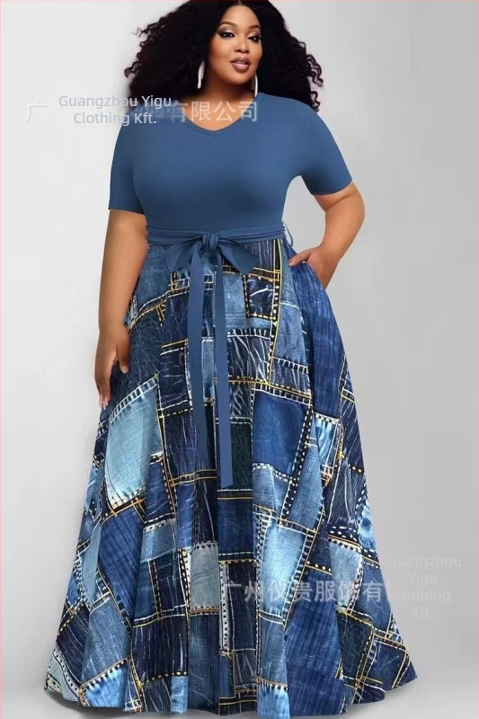 plus size szabadidőruha, Európa és az Egyesült Államok határain átnyúló új női divatos nyomtatott színkontrasztos ruha