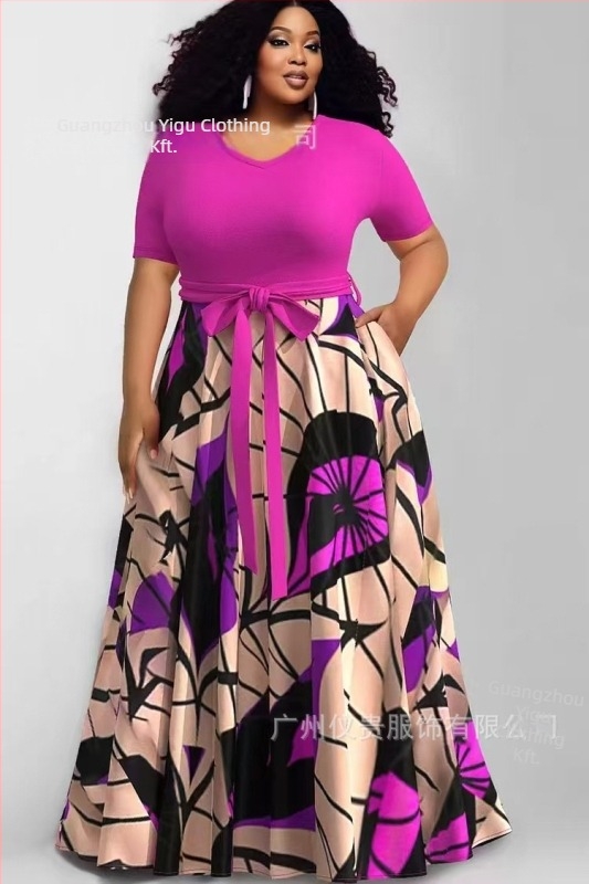 plus size szabadidőruha, Európa és az Egyesült Államok határain átnyúló új női divatos nyomtatott színkontrasztos ruha