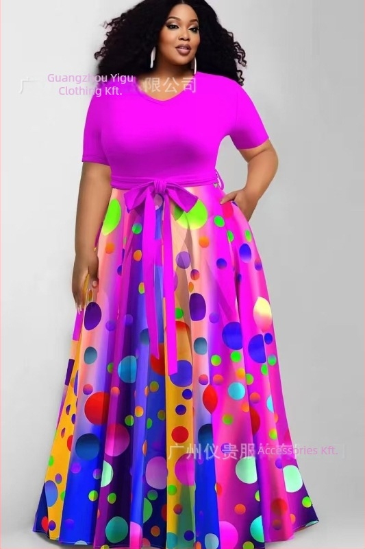 plus size szabadidőruha, Európa és az Egyesült Államok határain átnyúló új női divatos nyomtatott színkontrasztos ruha