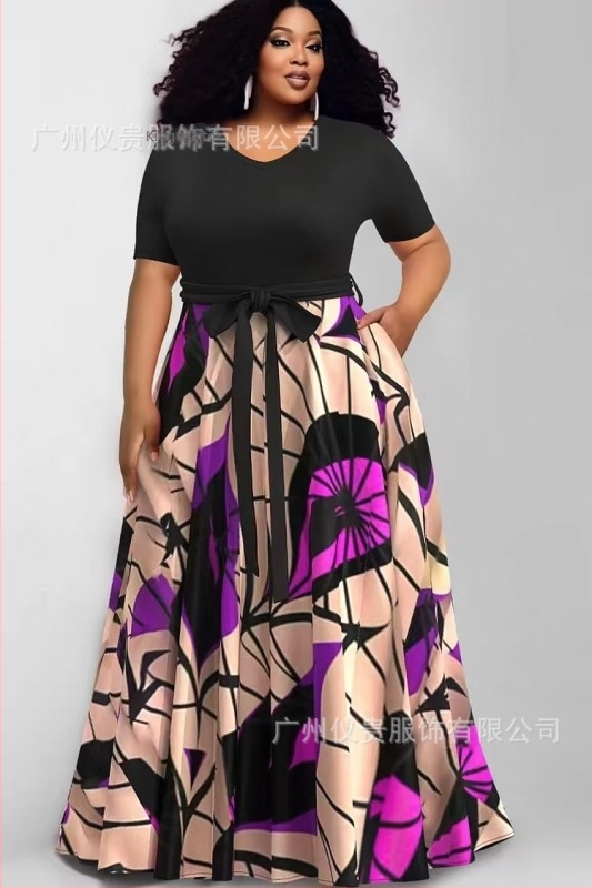 plus size szabadidőruha, Európa és az Egyesült Államok határain átnyúló új női divatos nyomtatott színkontrasztos ruha