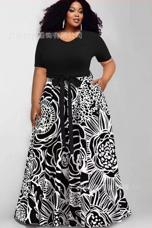 plus size szabadidőruha, Európa és az Egyesült Államok határain átnyúló új női divatos nyomtatott színkontrasztos ruha