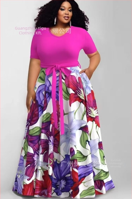 plus size szabadidőruha, Európa és az Egyesült Államok határain átnyúló új női divatos nyomtatott színkontrasztos ruha